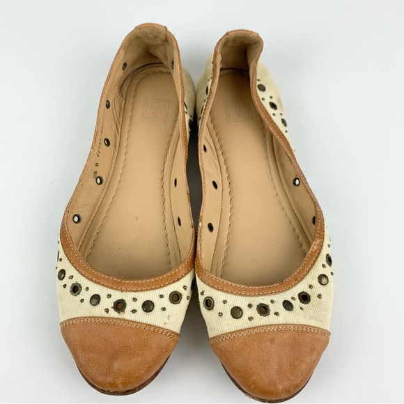 Frye Carson Rivet Flats Cream Canvas Leather Toe 8.5 - Picture 2 of 12